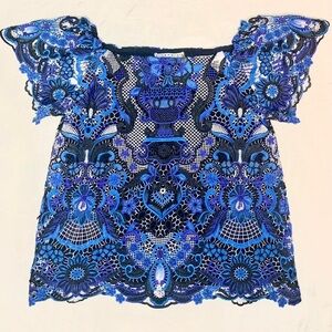 Alice + Olivia Blue Flutter Sleeve Blouse with Graphic Embellishments